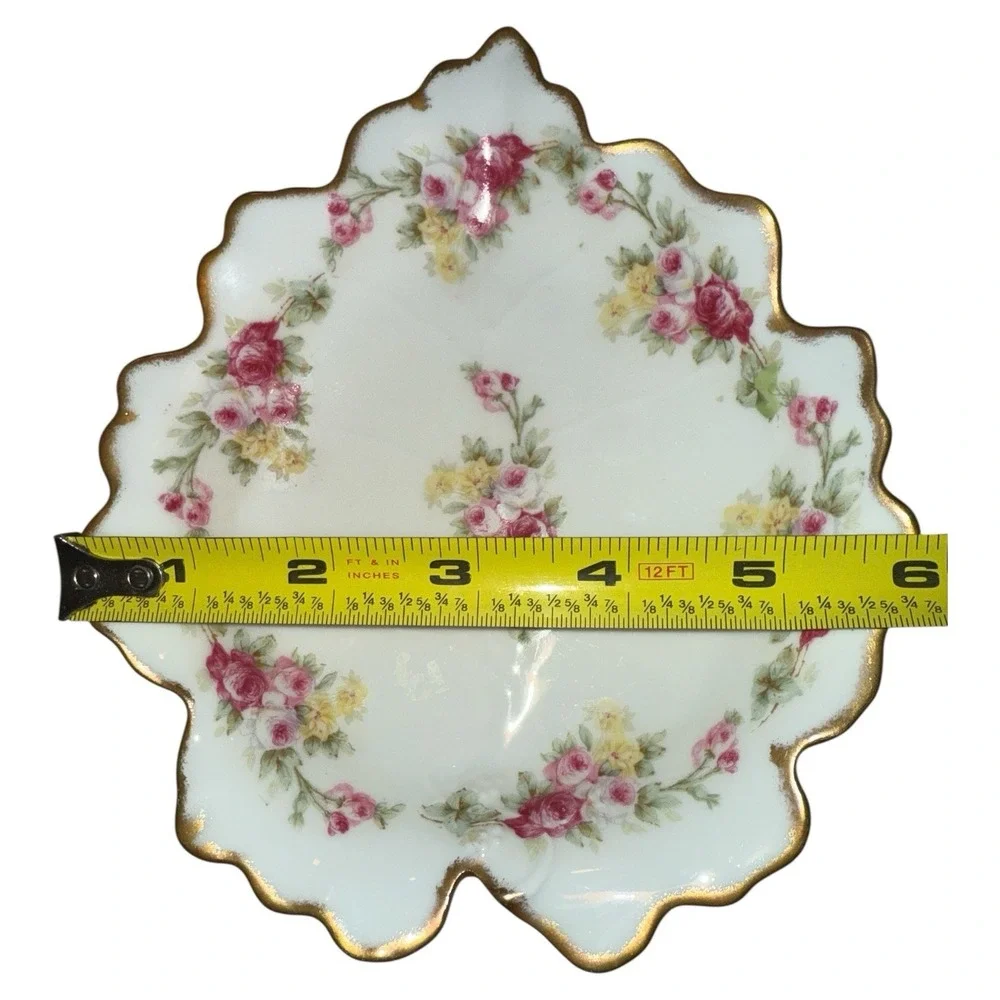 Elite Limoges France 1920 Antique Leaf Trinket Dish Plate Rose Pattern Gold Gild
